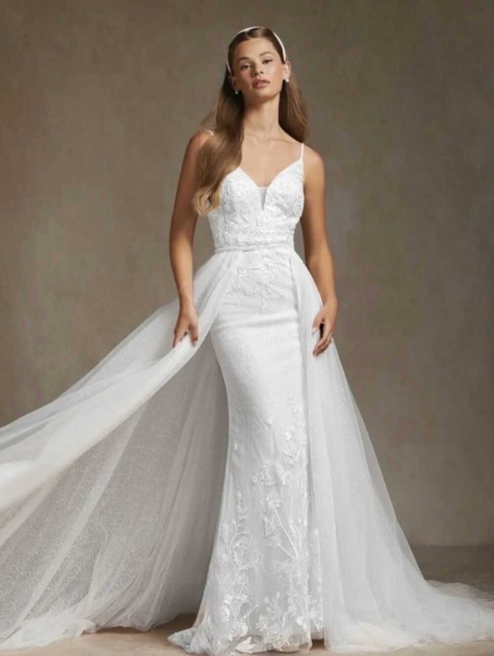 Azazie Diamond White/Champagne Floral Embroidered Wedding Dress - Picture 9 of 13